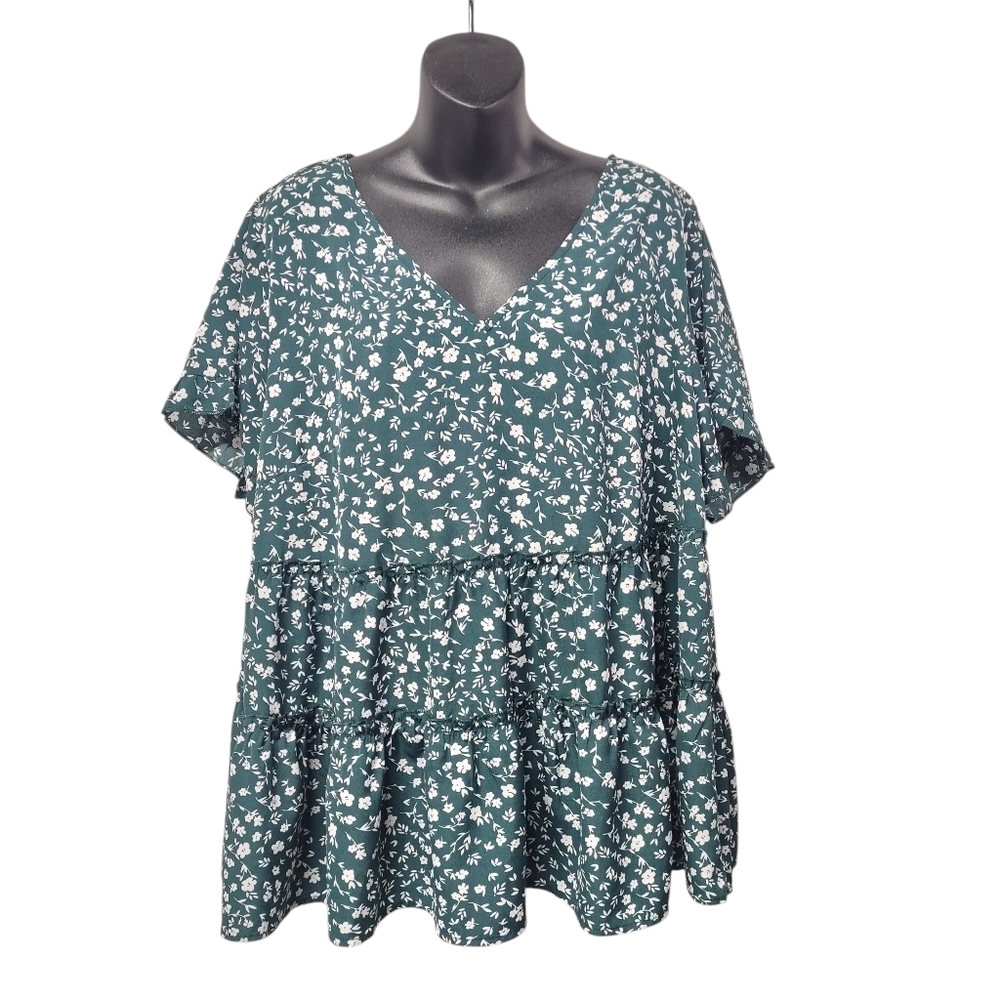 Agnes Orinda Women's Plus Size 2X Green Floral Blouse Tiered Ruffle V-Neck